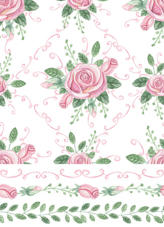 Watercolor pink roses ,green branches,swirling in seamless pattern with borders . Hand painted flowers,petal decor.Background For invitation card,fabric or wallpaper,backdrop.Holiday Vector,wedding.Vintage.のイラスト素材