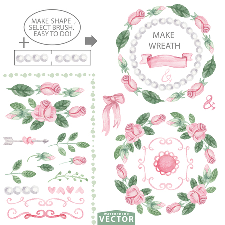 Watercolor  floral brushes,wreaths.Vintage Pink roses,swirls and pearls,green leaves. Hand painted flowers,petal decor elements.For design template,invitation.Holiday Vector,wedding,spring or summer setのイラスト素材