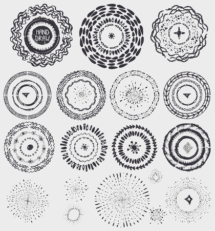 Hand drawn artistic  pattern ,wreath frame,burst.Doodle decor and stroke brushes,point drop,wavy texture,geometric borders.For design template,invitations, holiday  design.Sketched Vectorのイラスト素材