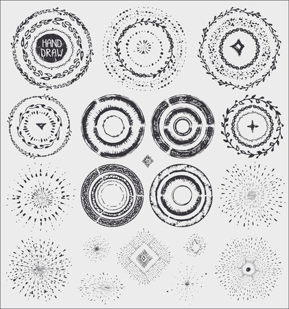 Hand drawn artistic  pattern ,wreath frame,burst.Doodle decor and stroke brushes,point drop,wavy texture,geometric borders.For design template,invitations, holiday  design.Sketched Vectorのイラスト素材