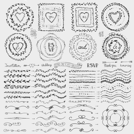 Hand drawn artistic pattern brushes,wreath frame, line border,heart set.Colored Doodle texture,decor.For holiday, Valentine day,easter,Christmas or baby design template.Love Vectorのイラスト素材