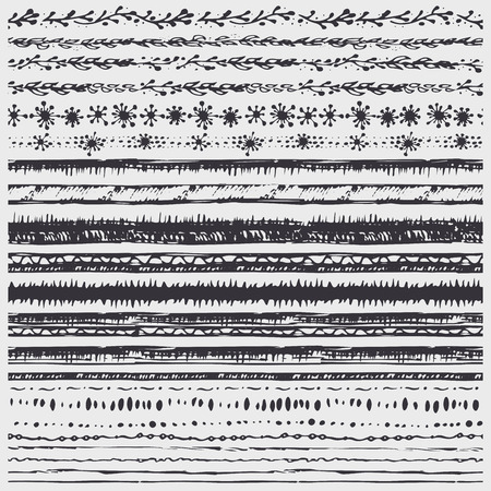 Hand drawn Seamless line border set.Pattern  brushes,petal,snowflakes,point artistic ornament.Black Doodle texture decor.For decorating card,template, invitations, holiday,baby design.Vector stripsのイラスト素材