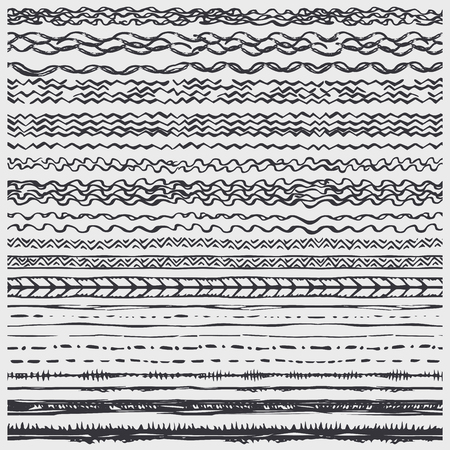 Hand drawn Seamless line border set.Pattern brushes,wavy texture,curves artistic  ornament.Black Doodle decor.For decorating greeting card,template, invitations, holiday,baby design.Vector stripsのイラスト素材