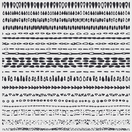 Hand drawn Seamless line border set.Pattern brushes,curves,drop texture,point  artistic  ornament.Black Doodle decor.For decorating  card, template, invitations, holiday, baby design.Vector stripsのイラスト素材