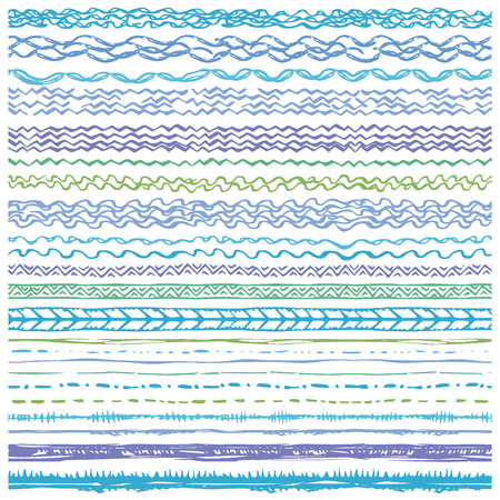 Hand drawn Seamless line border set.Pattern brushes,curves,wavy texture,artistic ornament.Blue Doodle decor.For decorating greeting card,template, invitations, holiday,baby design.Vector stripsのイラスト素材