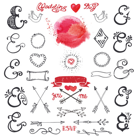 Doodles  lettering ampersands,catchwords,arrows,wedding romantic decor elements set.Watercolor stain, hand drawing sketchy vintage vector. For weddings,Valentines day,holidays.Design templates,invitationsのイラスト素材