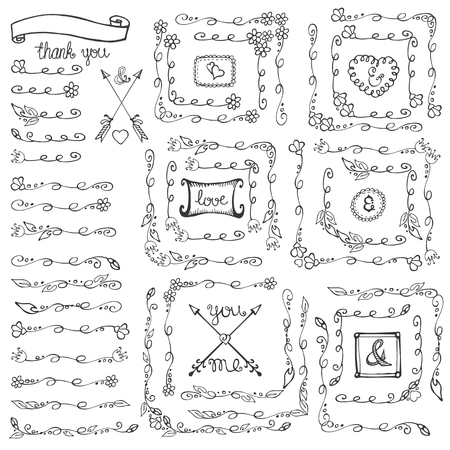 Doodles linear border,dividers,frames and corners,flourish decor set.For design templates,invitations and menu.Vintage Hand drawing .For weddings,Valentines day,holidays and birthday.Vectorのイラスト素材