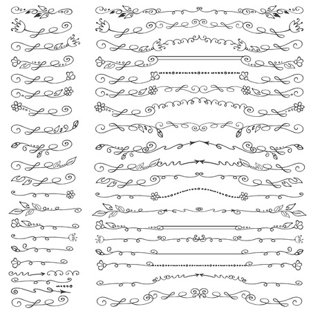 Doodles linear border,dividers,brushes and flourish decor set.For design templates,invitations and menu.Vintage Hand drawing .For weddings,Valentines day,holidays,birthday.Vectorのイラスト素材