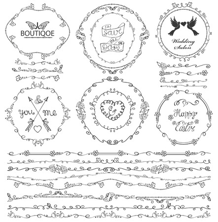 Doodles seamless border,frame,arrow,brushes and flourish decor elements set.For logo design templates,invitations and menu.Vintage Hand drawing.For weddings,Valentines day,holidays and birthday.Vectorのイラスト素材