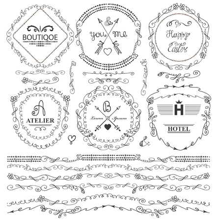 Doodles seamless border,frame,arrow,brushes and florish decor elements set.For logo design templates,invitations and menu.Vintage Hand drawing .For weddings,Valentines day,holidays and birthday.Vectorのイラスト素材