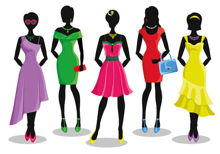Fashion shopping girls illustration.Vector.Sale.Pretty woman in Colored party dresses.Design template and background.Fashion wear,vector set. Christmas, shopping,retail,discount poster and Black fridayのイラスト素材