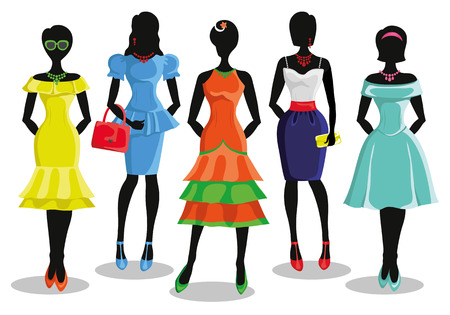 Fashion shopping girls illustration.Vector.Sale.Pretty woman in Colored  party dresses.Design template,background.Fashion wear and vector set. Christmas,shopping,retail,discount poster and Black fridayのイラスト素材