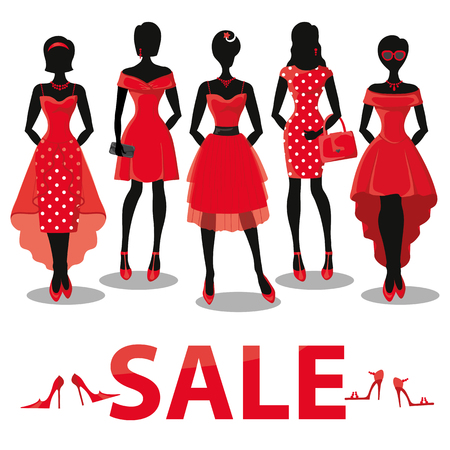 Fashion shopping girls illustration.Vector.Sale.Pretty woman in red party dresses.Design template,background.Fashion wear and vector set. Christmas,shopping,retail,discount poster and Black fridayのイラスト素材