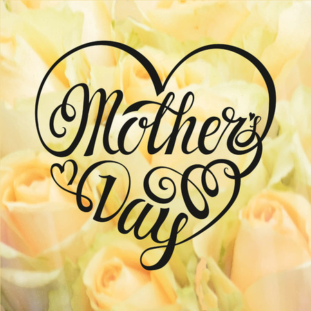 Mothers Day. Typographic card.Lettering in heart shape.Vector Design,blurred background with White roses flowers.Holiday handwriting text.Beautiful Invitation,poster.Summer,springのイラスト素材
