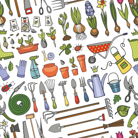 Spring garden seamless pattern.Hand drawn vector sketch elements flowers,bulbos, garden tool, bugs,boarding equipment.Gardening icon background,spring symbols,vintage vector ornamentのイラスト素材