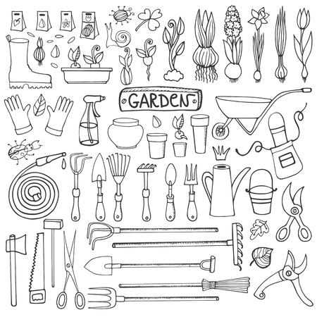 Spring garden set.Hand drawn vector sketch elements flowers,bulbos, garden tool, bugs,boarding equipment.Gardening isolated icon set,spring symbols,vintage vector Outline elementsのイラスト素材