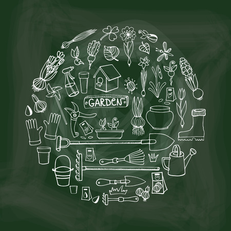 Spring garden.Hand drawn flowers,bulb, garden tool,boarding equipment in circle composition.Vector garden sketch.Chalkboard background.Spring Gardening ,planting spring symbols,vintage vectorのイラスト素材
