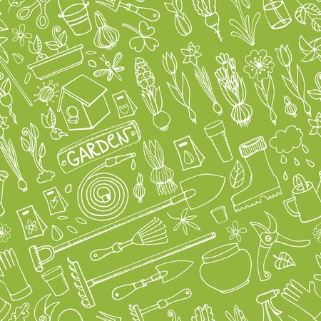 Spring garden seamless pattern.Hand drawn flowers,bulb, garden tool,boarding equipment background.Vector garden sketch elements.Spring Gardening ,planting spring symbols,seedlings,vintage vector elementsのイラスト素材