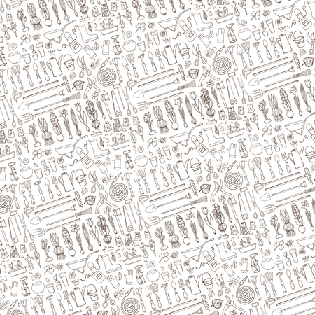Spring garden pattern backdrop,linear background.Hand drawn vector sketch elements flowers,bulbos,garden tool, boarding equipment.Gardening Outline icon background,spring symbols,vintage vectorのイラスト素材