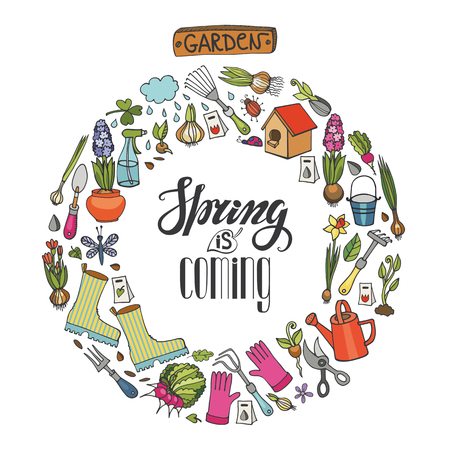Spring garden.Hand drawn flowers,bulb, garden tool,boarding,equipment,lettering quotes in circle wreath composition.Vector garden sketch.Spring Gardening elements,planting spring symbols, seedingsのイラスト素材