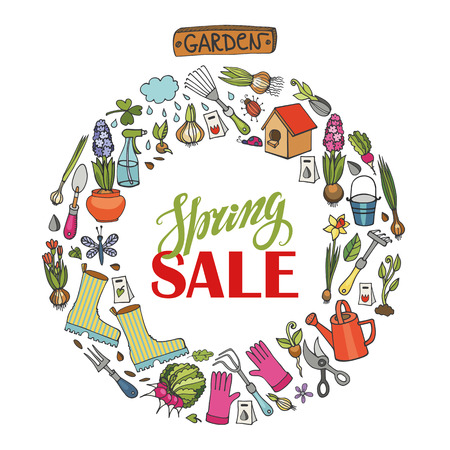 Spring garden sale.Hand drawn flowers,bulb, garden tool,boarding,equipment,lettering quotes in circle wreath composition.Vector garden sketch.Spring Gardening elements,planting spring symbols, seedingsのイラスト素材