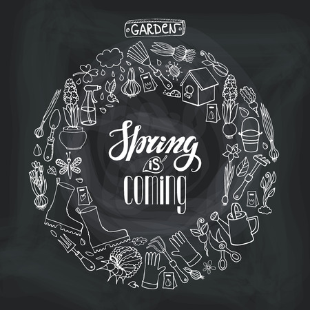 Spring garden.Hand drawn flowers,bulb,garden tool,boarding,equipment and lettering in circle wreath composition.Vector garden sketch.Gardening elements,planting spring symbols and seedings.Chalkboardのイラスト素材