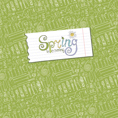 Spring is coming text,garden pattern backdrop,linear background.Hand drawn vector sketch elements flowers,bulbos,garden tool,boarding equipment,lettering.Gardening Outline spring symbols,vintage vector.のイラスト素材