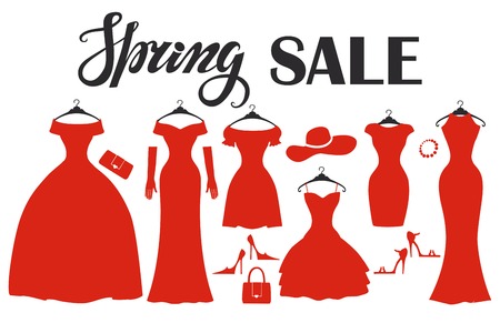 Fashion red dresses in modern flat design.Vector.Sale poster,background. Vector  Composition with dress,wear,accessories.Fashion  Illustration.Party Dresses hanging on the hanger.Spring shoppingのイラスト素材