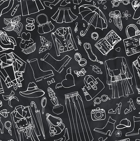 Spring fashion seamless pattern.Vector hand drawing womens clothing,doodle sketch background.Women wear.Outline elements for spring season.Fashion illustration,wallpaper on Chalkboardのイラスト素材