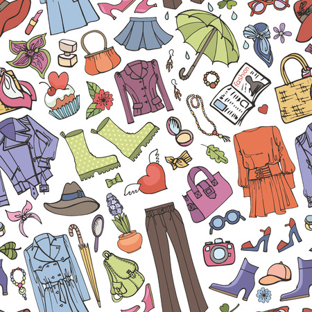 Spring fashion seamless pattern.Vector hand drawing womens clothing,doodle sketch background.Women wear.Colored elements for spring season.Fashion illustration,wallpaperのイラスト素材