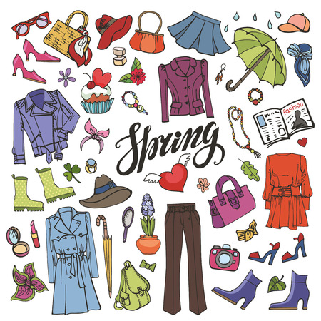 Spring fashion  with lettering spring is coming.Vector hand drawing womens clothing,doodle sketch.Women wear,quote.Colored elements for spring season.Fashion illustration.のイラスト素材
