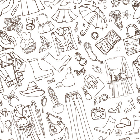 Spring fashion seamless pattern.Vector hand drawing womens clothing,doodle sketch background.Women wear.Outline elements for spring season.Fashion illustration,wallpaperのイラスト素材