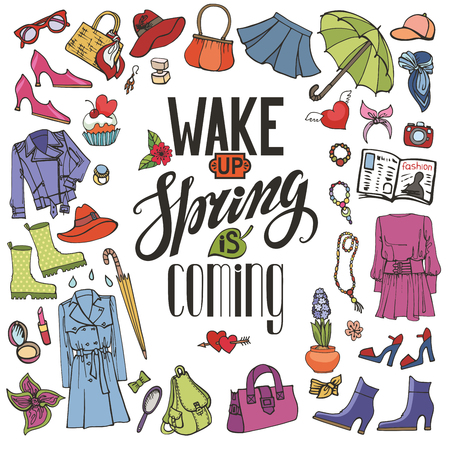 Spring fashion with lettering. Wake up. spring is coming.Vector hand drawing womens clothing,doodle sketch.Women wear,quote.Colored elements for spring season.Fashion illustration.のイラスト素材