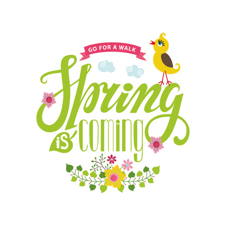 Spring season card,postern.Vector title Spring is coming.Cartoon flower,bird,ribbon,lettering quotes.Spring baby Illustration.Modern flat style.Greeting typographic decor.Written spring phrasesのイラスト素材