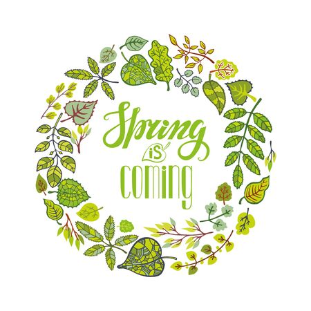 Spring  Design.Green leaves,branches wreath,handwriting lettering. Vector Background for Spring Season.Illustration.Vector quotes,saying spring is comingのイラスト素材