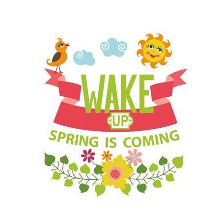 Spring season card,postern.Vector title Spring is coming.Cartoon flower,bird,sun,ribbon,lettering quotes.Spring baby Illustration.Modern flat style.Greeting typographic decor.Written spring phrasesのイラスト素材