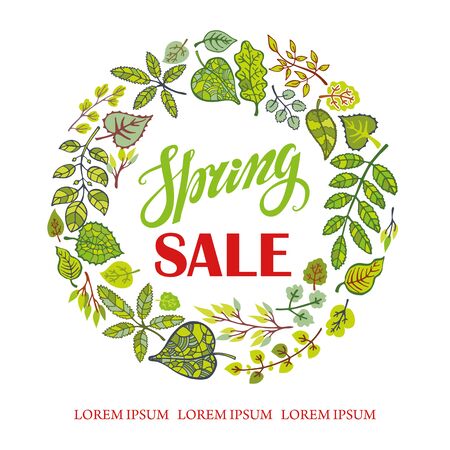 Spring Sale Design with green leaves,branches wreath,lettering. Vector Retail Background for Spring Seasonal Promotion.Illustrationのイラスト素材