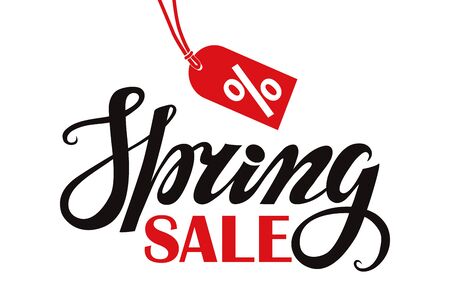 Spring design,Handwriting lettering,quotes.Sale poster.Vector black,red words,tag on white  background.Spring season,springtime wallpaper and text.Web,print and calligraphic Illustration.Horizontalのイラスト素材