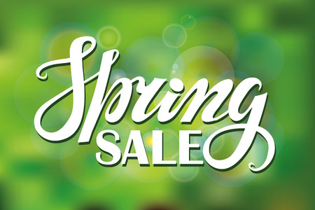 Spring design,Handwriting lettering,quotes.Sale.Vector Green blurred background.Spring season,springtime wallpaper and text.Web, art and calligraphic Illustration.Horizontalのイラスト素材