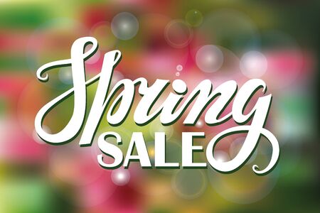 Spring design,Handwriting lettering,quotes.Sale.Vector Green and pink blurred background.Spring season,springtime wallpaper and text.Web, art, calligraphic Illustration.Horizontalのイラスト素材