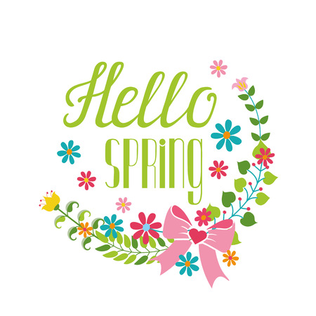 Spring season decoration.Vector Cartoon flower wreath,lettering title,quotes  Hello spring,,bow.Spring baby Illustration.Modern flat style.Greeting typographic decor.Written spring phrasesのイラスト素材