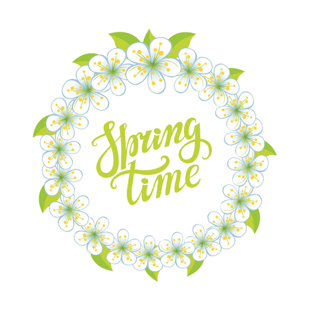 Spring design,Handwriting lettering and quotes.Cherry flowers circle wreath.Spring time poster.Vector handwriting words,background.Typographic poster.Web,print,calligraphic Illustrationのイラスト素材