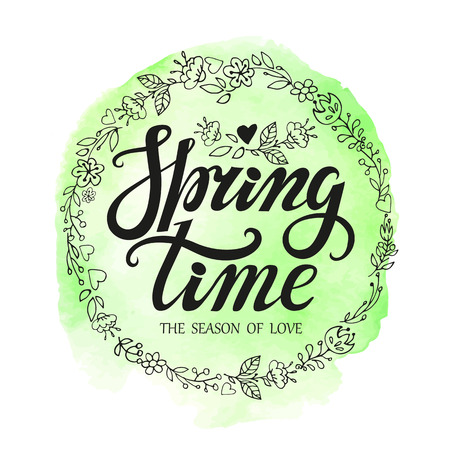 Spring Handwriting lettering,quotes,doodle floral wreath and watercolor splash.Spring time poster.Vector handwriting words.Typographic poster,background.Web,print,calligraphic Illustration.Season of loveのイラスト素材