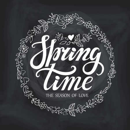 Spring design,Handwriting lettering,quotes and doodle floral wreath.Spring time poster.Vector handwriting words,Chalkboard background.Typographic poster.Web,print,calligraphic Illustration.Season of loveのイラスト素材