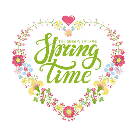 Spring design,Handwriting lettering,quotes and gfloral heart wreath.Spring time poster.Vector handwriting words,background.Typographic poster.Web,print,calligraphic Illustration.Season of loveのイラスト素材