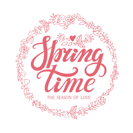 Spring design,Handwriting lettering,quotes and doodle floral wreath.Spring time poster.Vector handwriting words,romantic background.Typographic poster.Web,print,calligraphic Illustration.Season of loveのイラスト素材