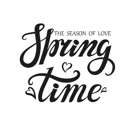 Spring Handwriting lettering,quotes and heart.Spring time poster.Vector handwriting words.Typographic poster,isolated on white background,frame.Web,print,calligraphic Illustration.Season of loveのイラスト素材