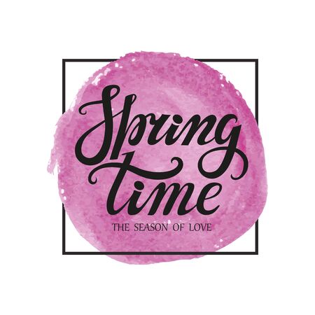 Spring Handwriting lettering,quotes and watercolor splash.Spring time poster.Vector handwriting words.Typographic poster,text background,frame.Web,print,calligraphic Illustration.Season of loveのイラスト素材