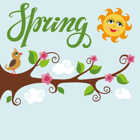 Spring time poster.Vector Cartoon bird on tree blooming flowers tree branch,lettering title,quotes,sun.Funny baby Illustration.Modern flat style.Greeting typographic card.Written phrases,spring season.のイラスト素材
