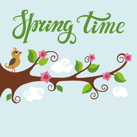 Spring time poster.Vector Cartoon bird on tree blooming flowers tree branch,lettering title,quotes.Funny baby Illustration.Modern flat style.Greeting typographic card.Written phrases,spring season.のイラスト素材
